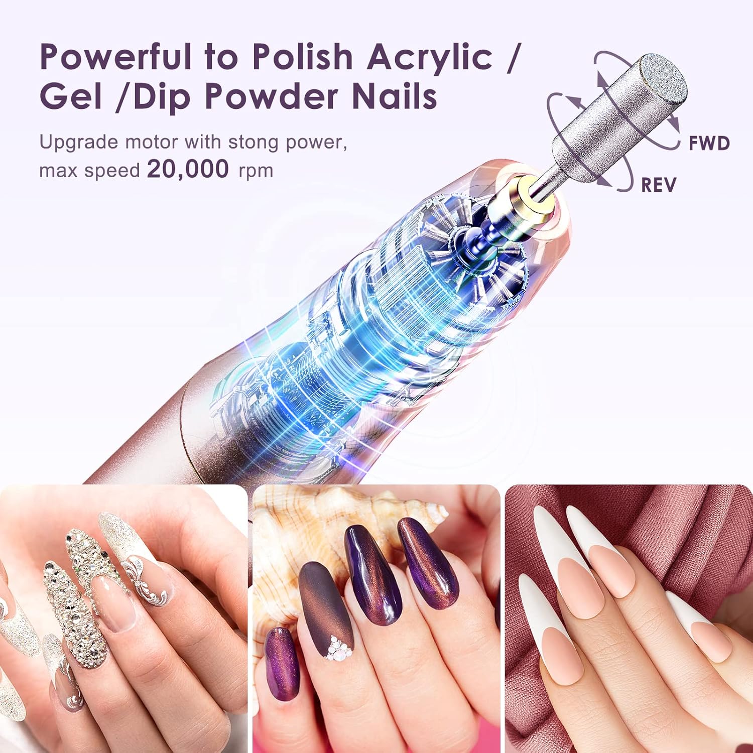 COSLUS Ponceuse à ongles sans fil Lime électrique Professionnelle pour ongles acryliques gel poudre de trempage Kit portable manucure pédicure Rechargeable Léger Or