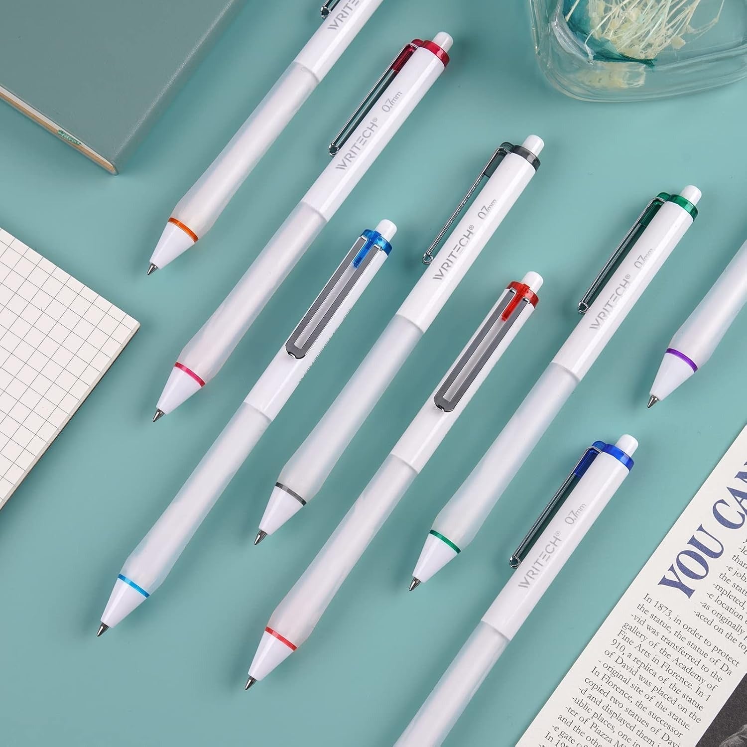 WRITECH Stylos à encre gel rétractables, assortiment de couleurs, pointe moyenne 0,7 mm, écriture fluide et anti-saut, polyvalents pour le journaling, lot de 8