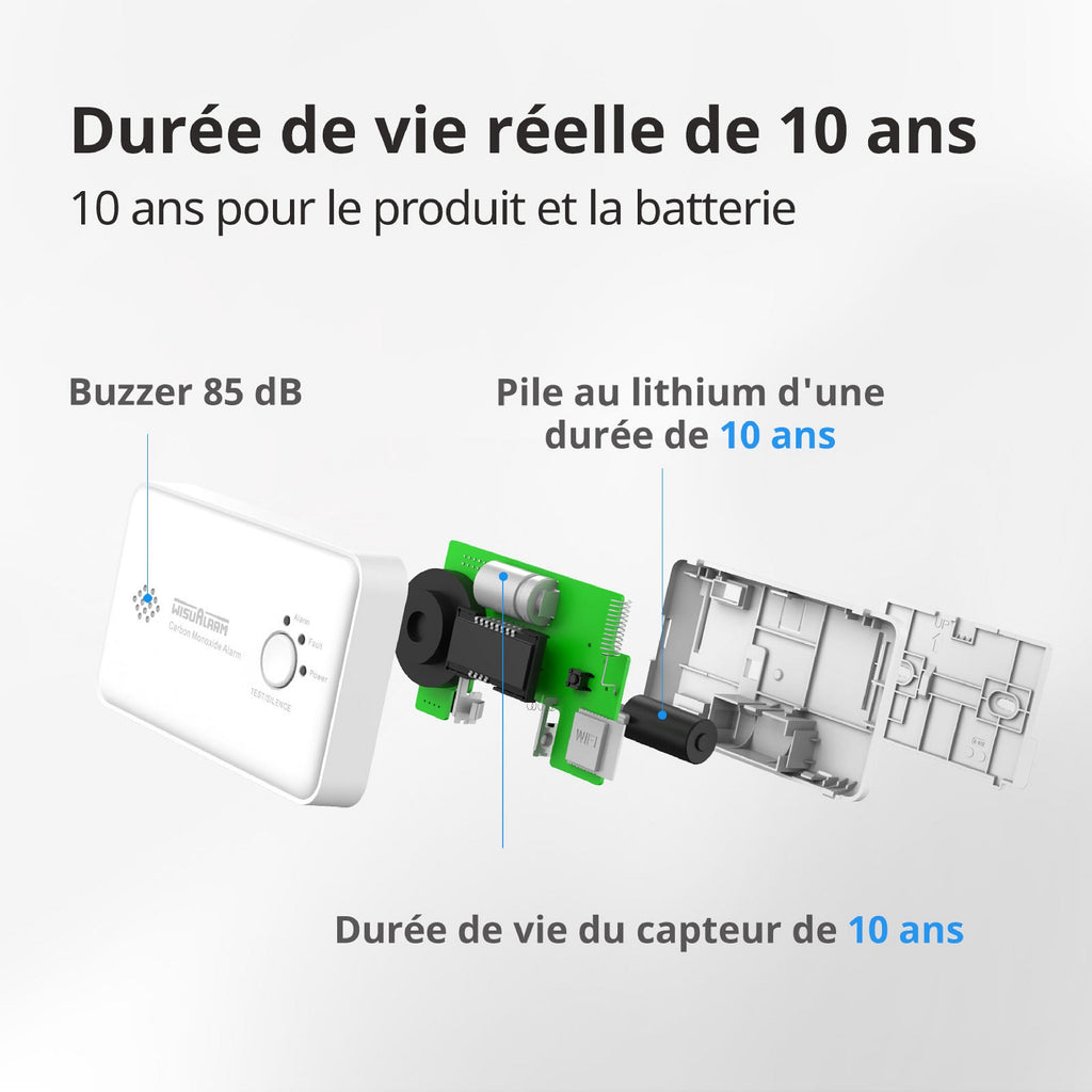 WISUALARM Détecteur de monoxyde de carbone capteur 10 ans C03