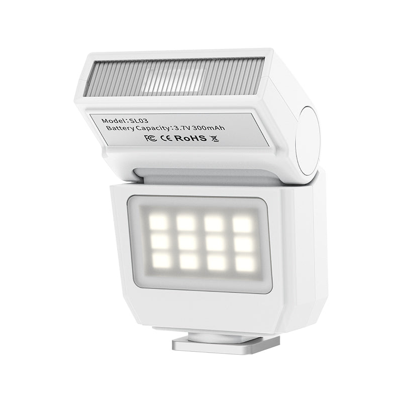 Ulanzi SL03 Mini flash avec éclairage vidéo, flash cobra GN8 6500 K, angle réglable à 90 °, 4 niveaux de puissance (1/8~1/1), griffe porte-accessoire pour reflex numériques Sony/Canon/Fuji, Blanc