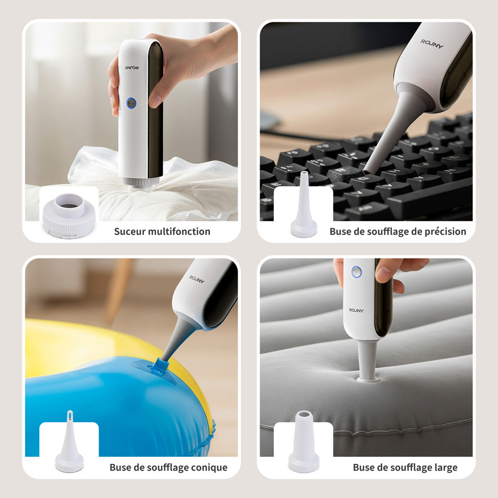 Rouny aspirateur à main sans fil, mini aspirateur pour voiture avec lumière LED et fonction souffleur, 7 embouts, filtre HEPA lavable