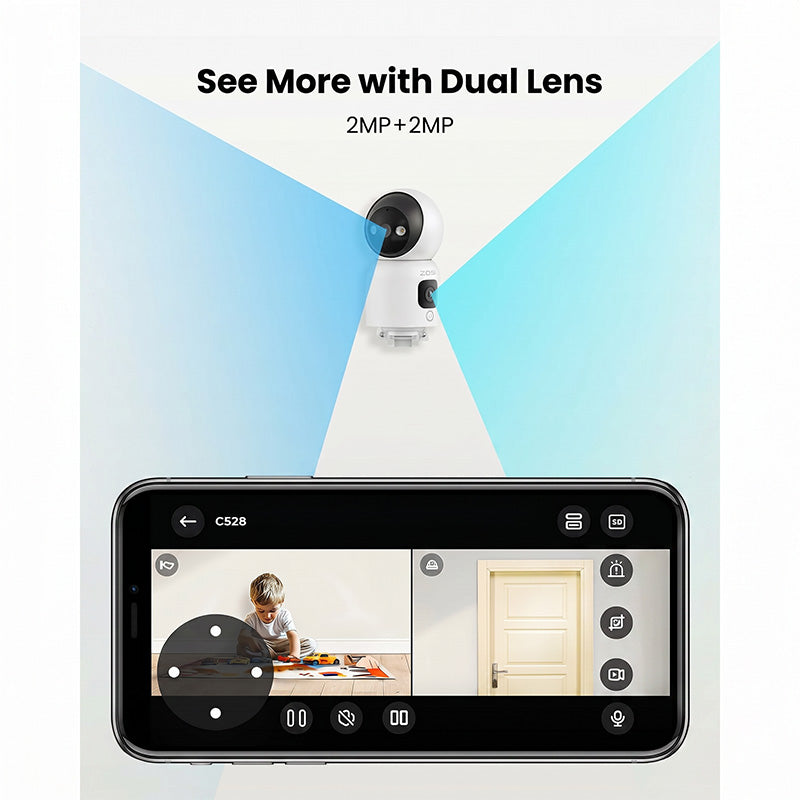 ZOSI Caméra de surveillance Wi‑Fi 2-en-1 pour l’intérieur, 2 MP (objectif) + 2 MP (objectif), vues à 360° avec double objectif, panoramique/inclinable, surveillance domestique