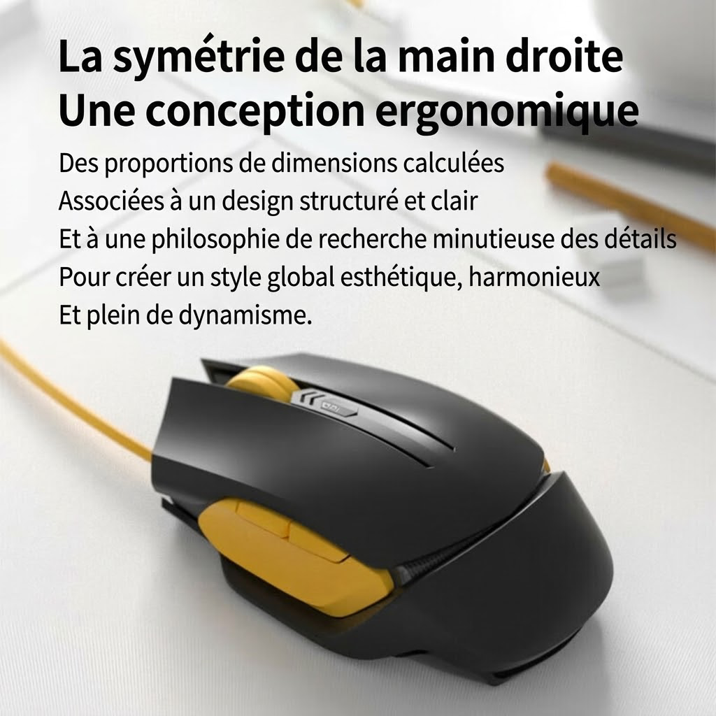 Ochama Souris filaire - Souris ergonomique, Capteur optique, Taux d’interrogation 1000 Hz, Matériau résistant à la transpiration, DPI 4 niveaux, Câble anti-enchevêtrement, Noir et jaune