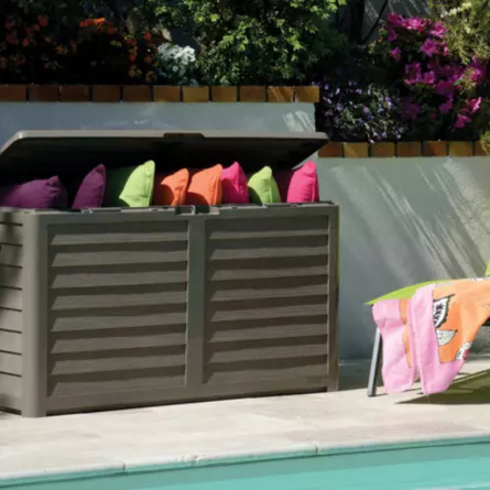 EDA BAYA Coffre de jardin 420 L - Effet bois, ventilé, protection UV, cadenassable, assemblage sans outils - Taupe - 117,3 x 54,8 x 65,3 cm