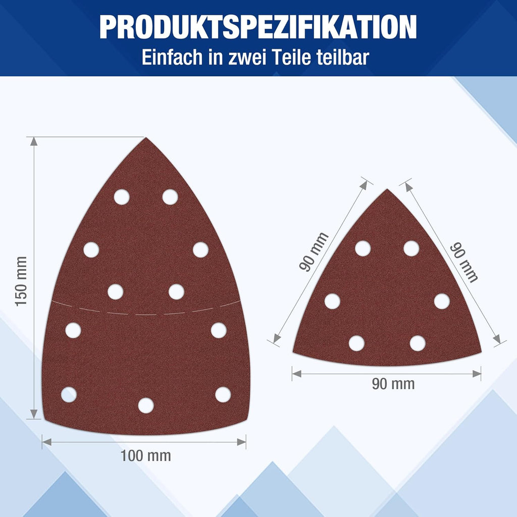 WORKPRO Lot de 100 feuilles de ponçage triangulaires Velcro delta, 105 x 152 mm, grains 40/80/120/180 pour ponçage bois.