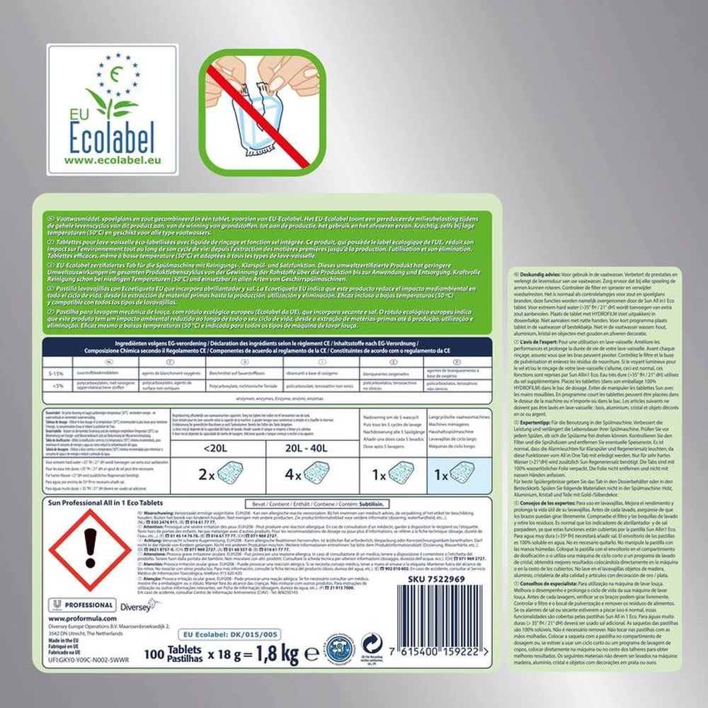 Sun Tout-en-1 Éco Tablettes Lave-Vaisselle EU Écolabel Film Soluble Dans L'Eau 4 x 100 Tablettes (= 400 Tablettes)