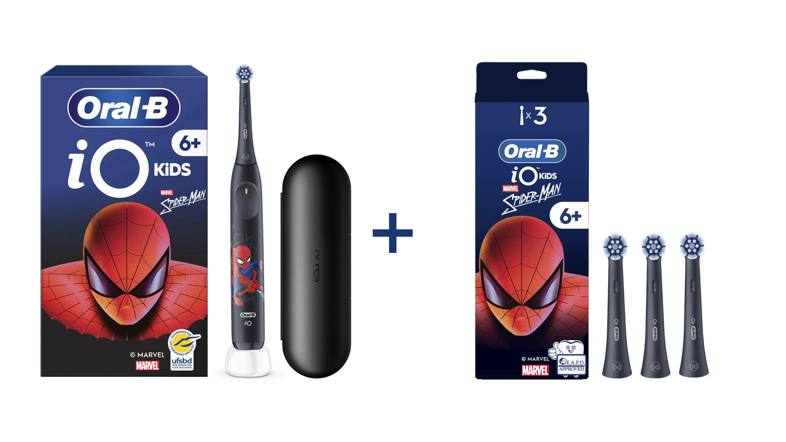 Oral-B iO Kids Spider-Man Brosse à dents électrique avec étui de voyage + Têtes de brosse Spider-Man x3 | Pack complet 1 an