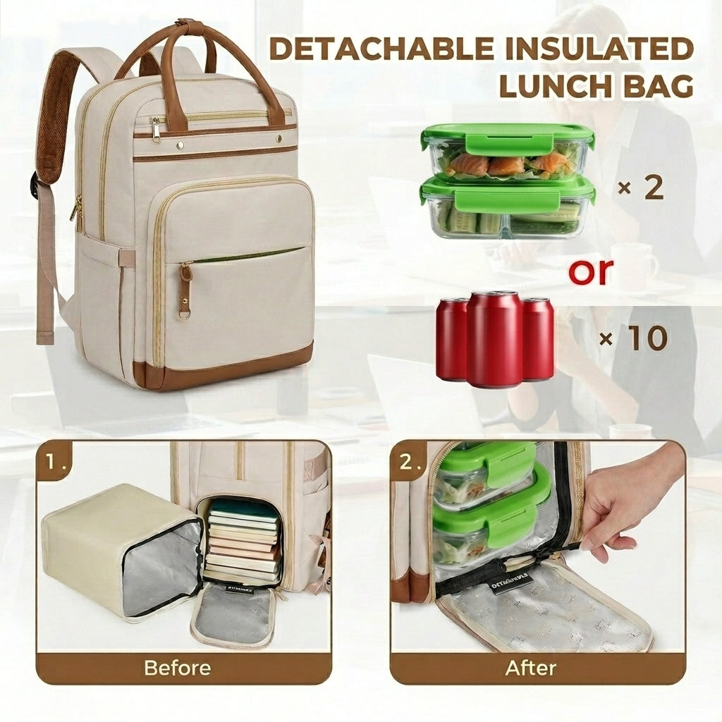 Sac de travail, sac à dos pour ordinateur portable 15,6 pouces pour femme, avec compartiment à repas détachable, port USB et poche organisée, beige