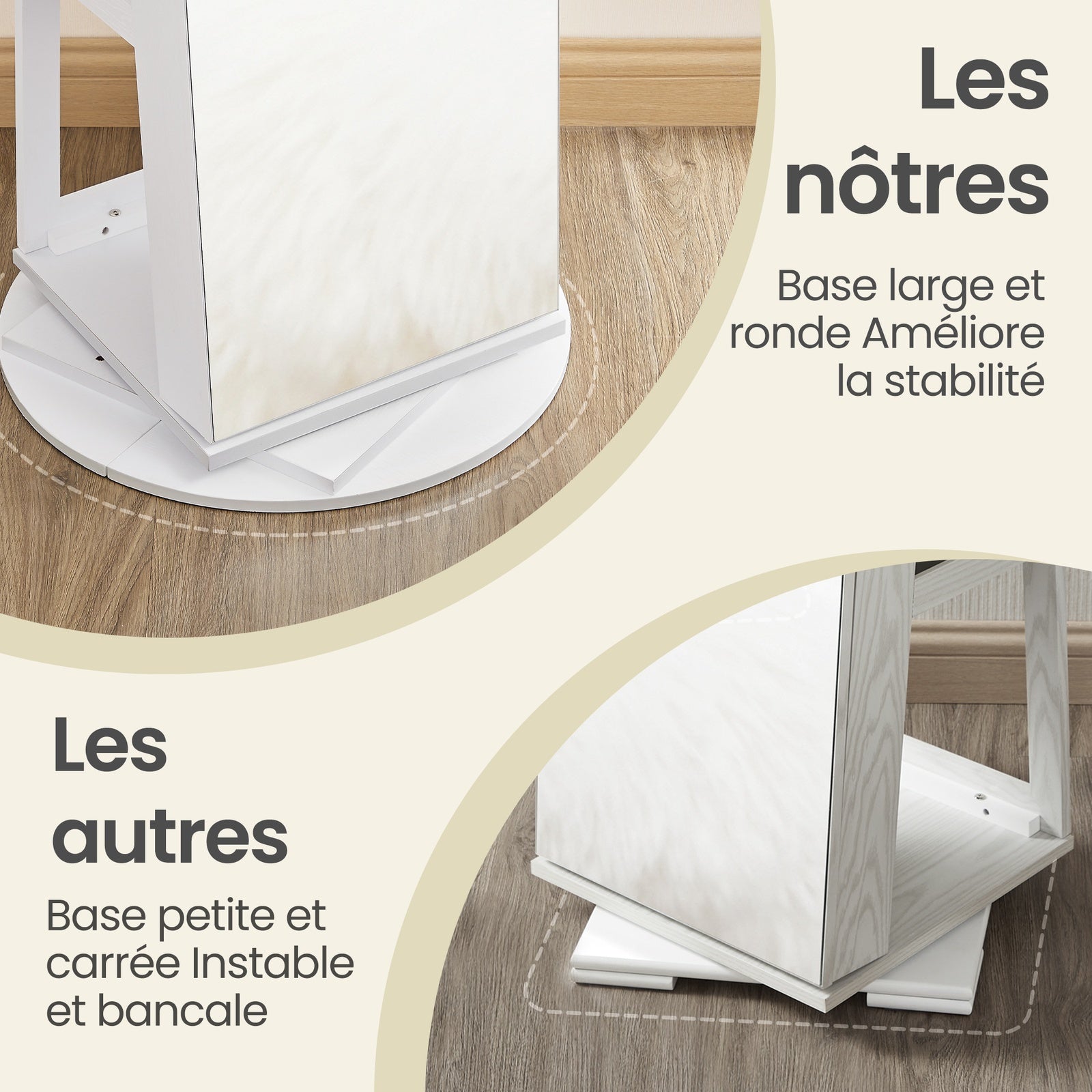 JOYFURNOS HOME Armoire à bijoux avec miroir pivotant à 360° et serrure, organisateur de bijoux, miroir sans cadre pleine longueur, 3 étagères de rangement, surface blanche, doublure noire