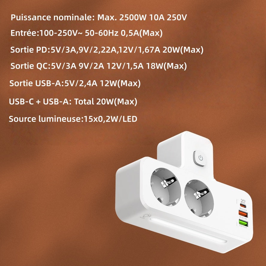 LDNIO Multiprise sans fil PD20W avec prise USB multiple et voyant lumineux, adaptateur de voyage multifonction