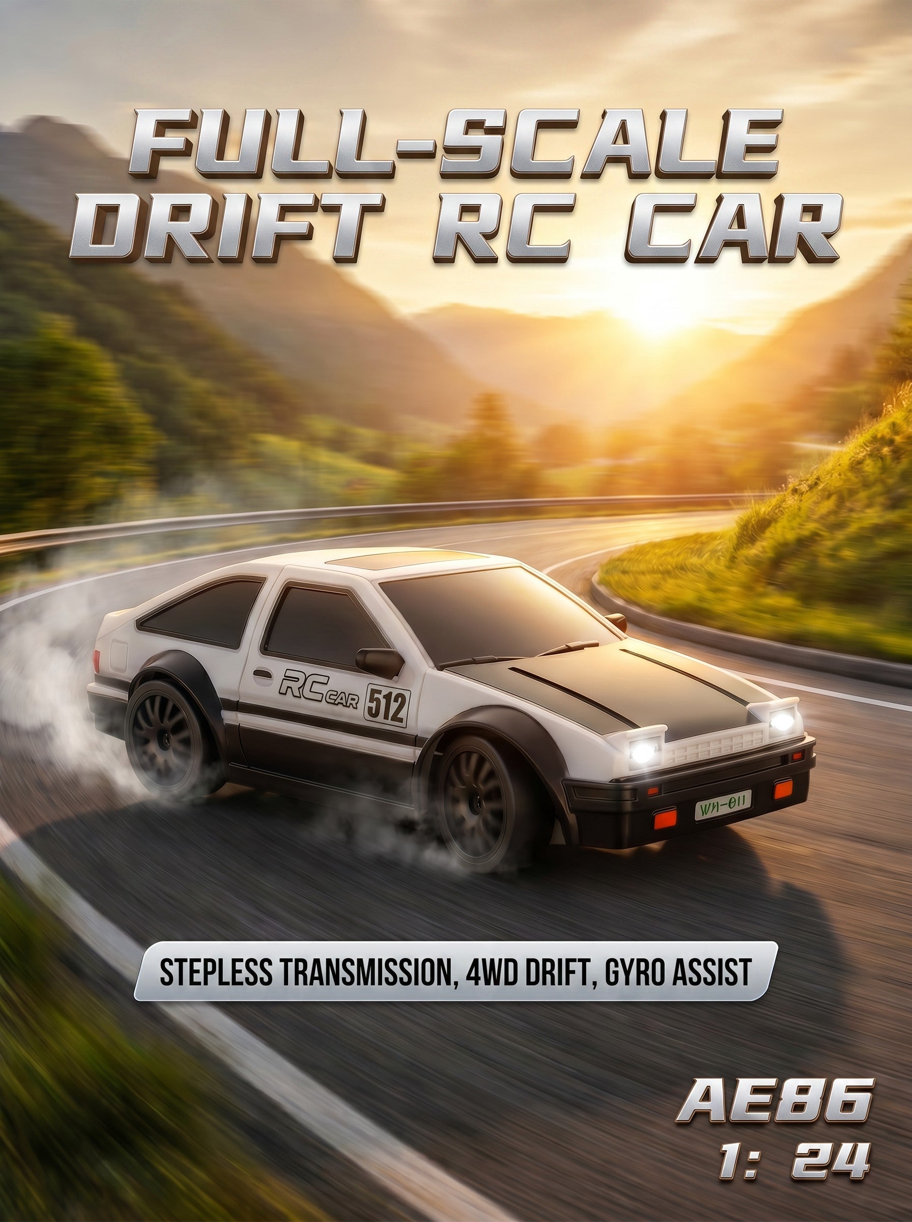 Voiture de Drift RC 4WD Échelle 1:24, Stabilisateur Gyroscopique Réglable, Lumières LED, Pneus Doubles, Blanc