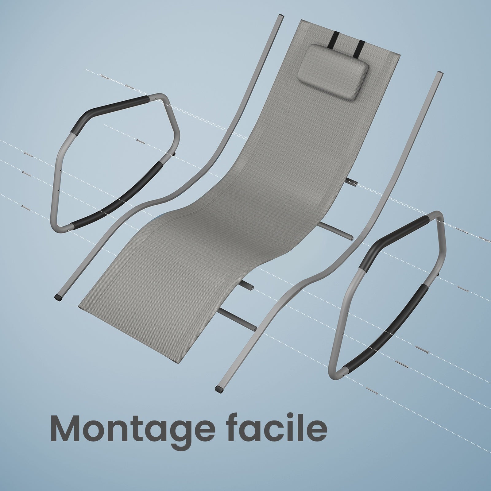 JOYFURNOS Chaise Relax de Jardin, Fauteuil à Bascule avec Poche, Cadre en Acier, Tissu Respirant, Gris Tourterelle