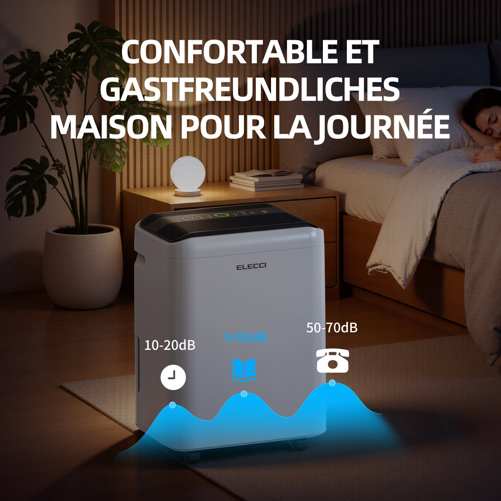 ELECCI Déshumidificateurs 25 L/j, Réservoir d’eau 4,8 L, 3 vitesses, R290, Minuterie 24 h, Évacuation continue avec tuyau d’évacuation, Idéaux pour pièces 50 m².
