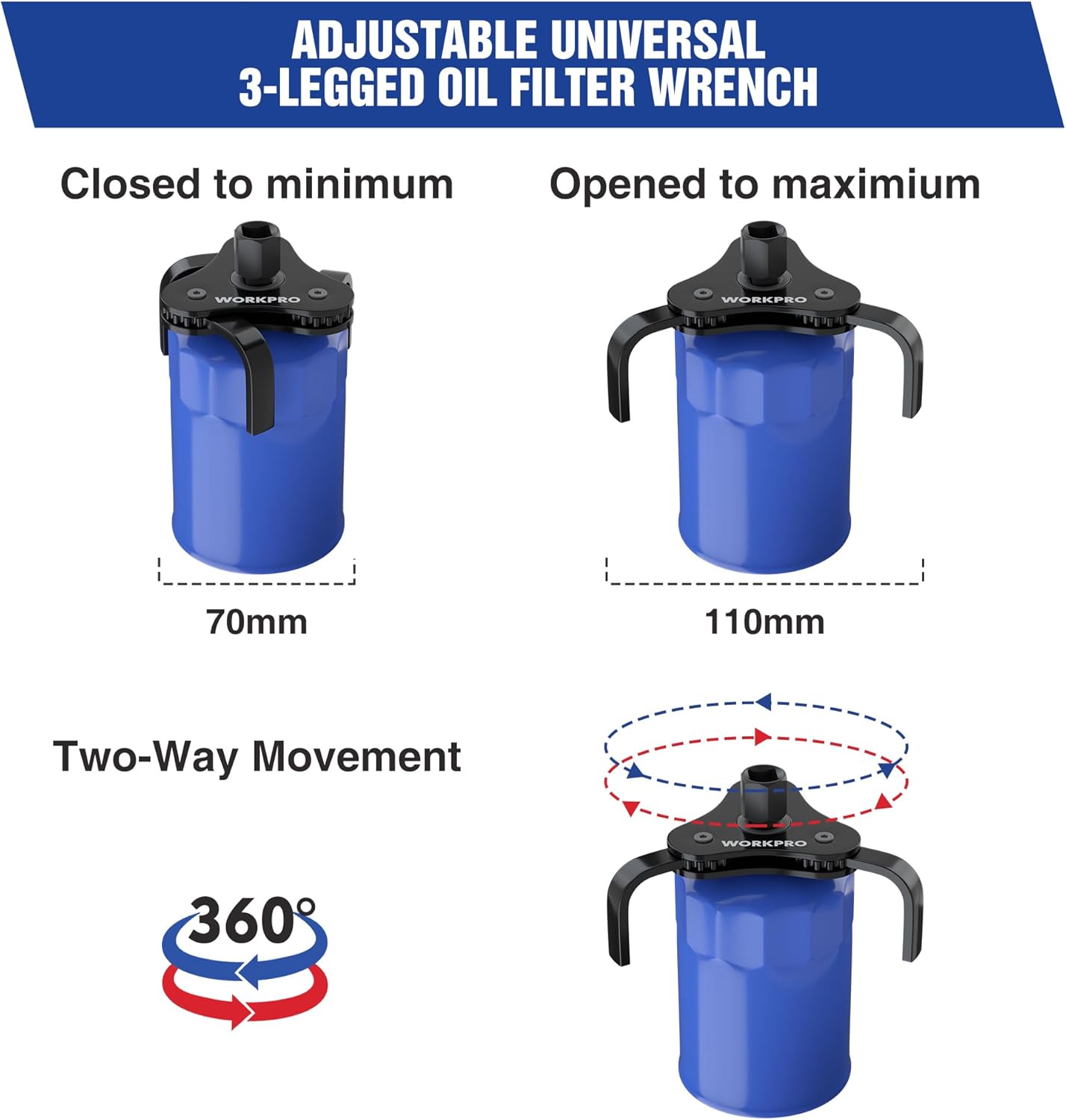WORKPRO Clé universelle pour filtre à huile, outil d'extraction de filtre à huile réglable à 3 mâchoires, pour filtres à huile 70-110 mm