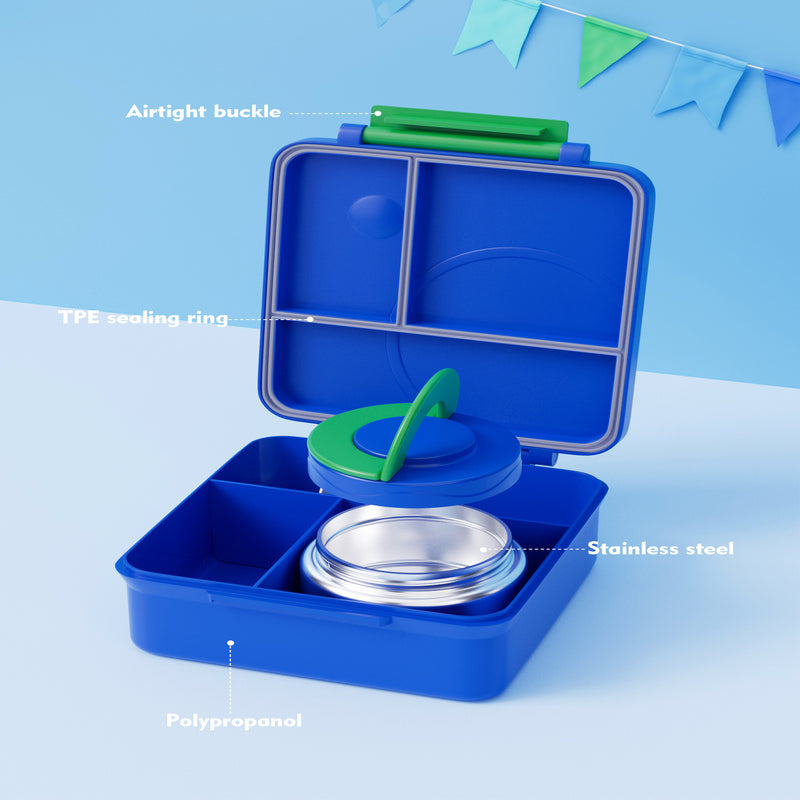 Meoky Boîte repas compartimentée à loquet unique 54 oz - Dinosaure bleu