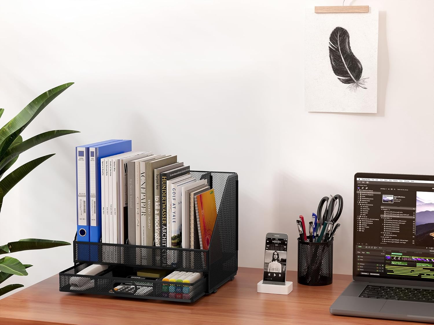 Porte-revues A4 de bureau en métal avec tiroir, noir