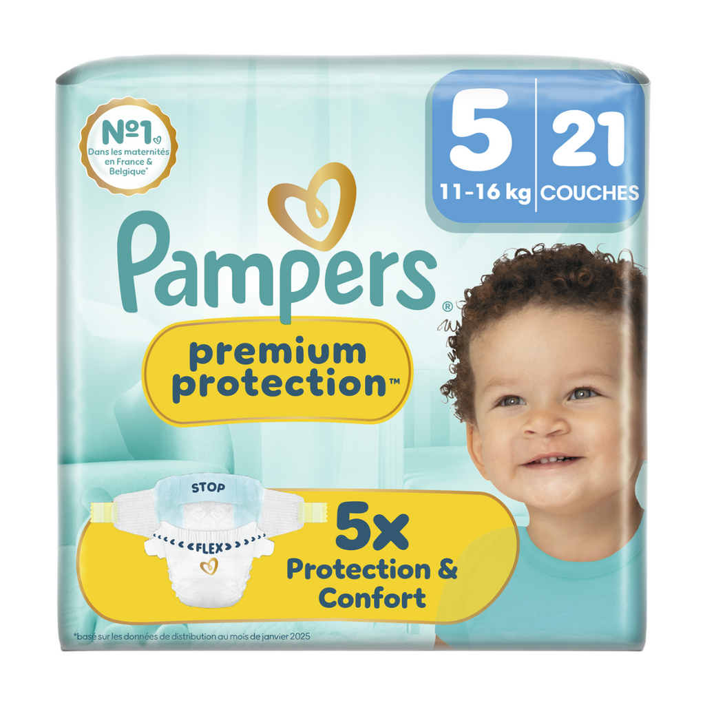 Pampers Protection premium, Taille 5, 21 couches