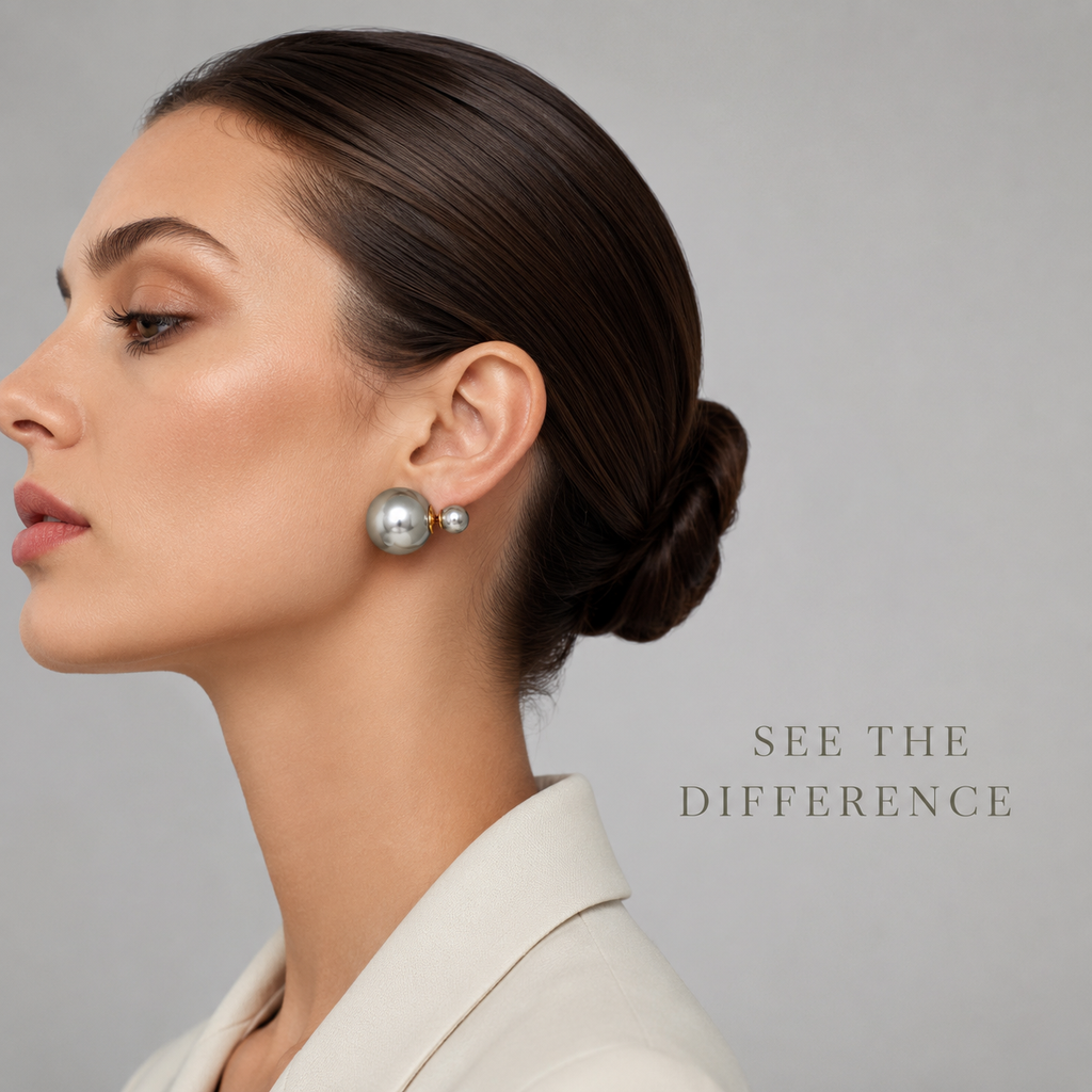 VoxorAI Boucles d'oreilles classiques à double perle Gris foncé avec deux perles des deux côtés Luxe léger Haute couture Nouveautés de niche 6 mm et 14 mm