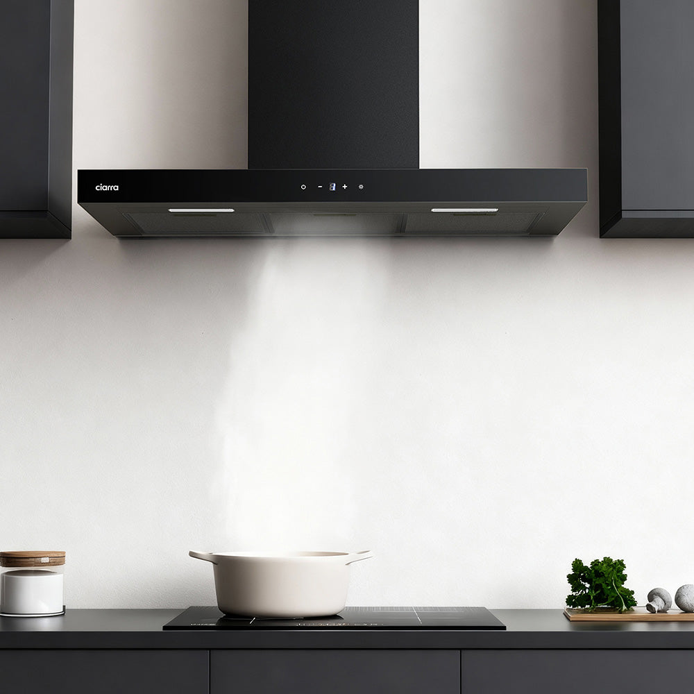 CIARRA Hotte aspirante à recyclage 90 cm, Wi-Fi et commande tactile par application, 650 m³/h, murale, 4 vitesses avec booster, noire, filtres en aluminium, classe énergétique A+++