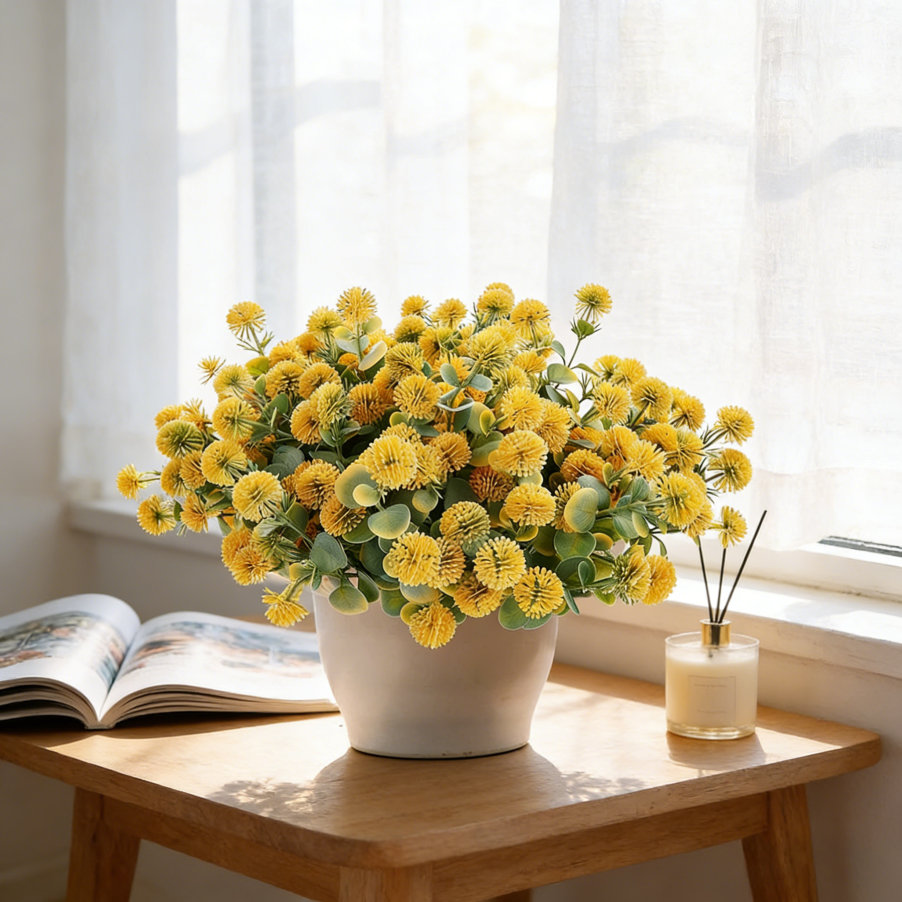 Yuejia Bouquet de 4 fleurs Craspédie artificielles 35 cm - Jaune