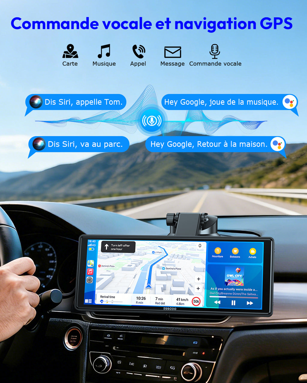ESSGOO 10,26 Pouces Écran CarPlay HD Portable, CarPlay Sans Fil & Android Auto & Mirror Link, Mise à jour OTA, Navigation GPS, Musique, Commande Vocale, Logo de démarrage personnalisé