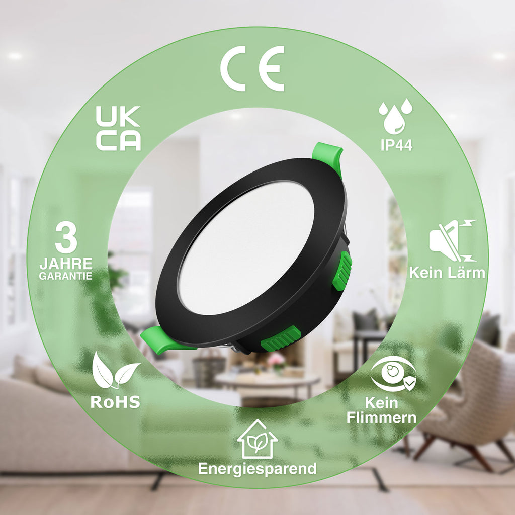 ALIPODLAX Spot encastré LED à intensité variable, Noir mat, 68 mm, Multipuissance, 3 températures de couleur (Chaud, Neutre, Blanc froid), IP44, pour salle de bain