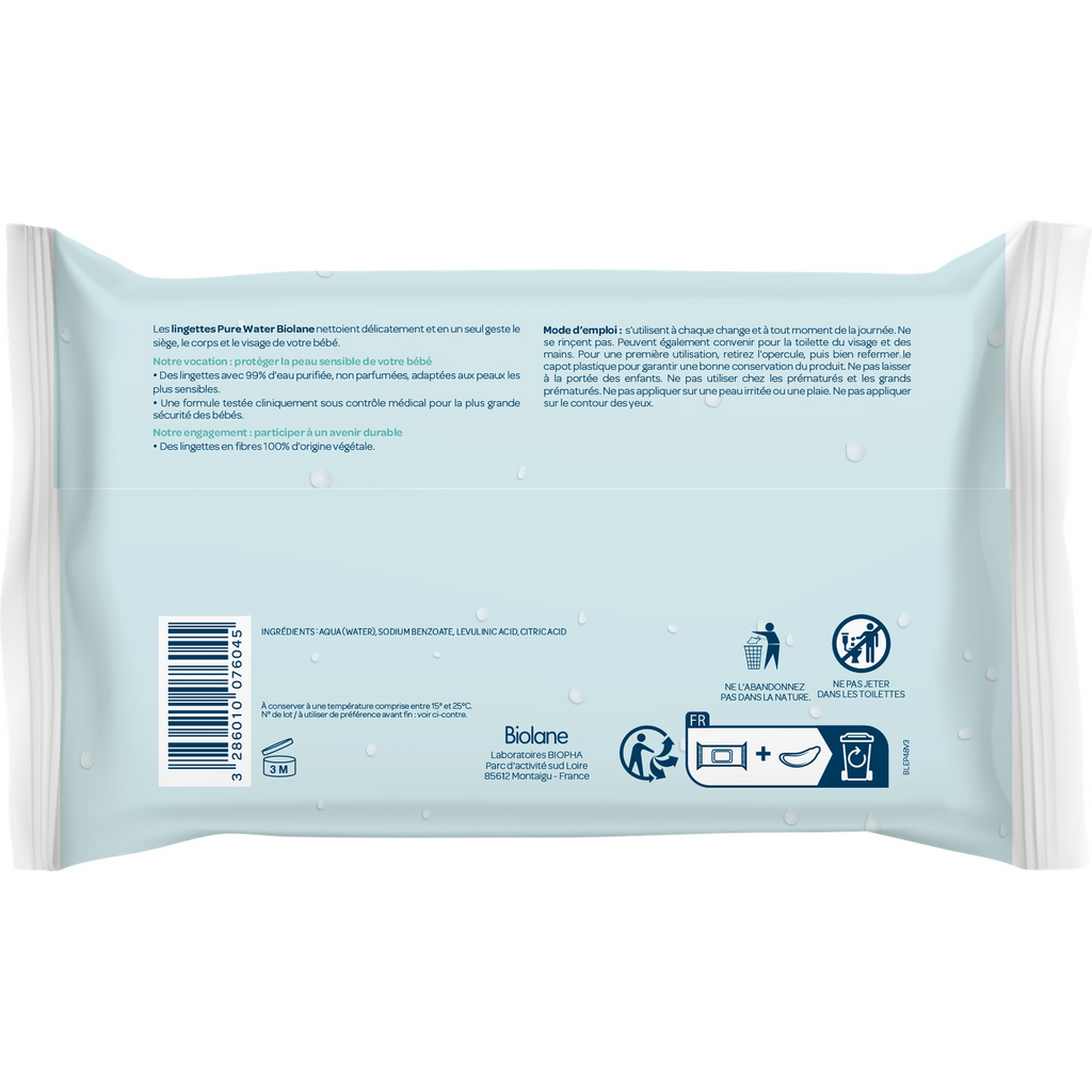 BIOLANE Lingettes nettoyantes pour le corps et le change de bébé, peaux sensibles, 99,9 % d'eau purifiée, 48 lingettes
