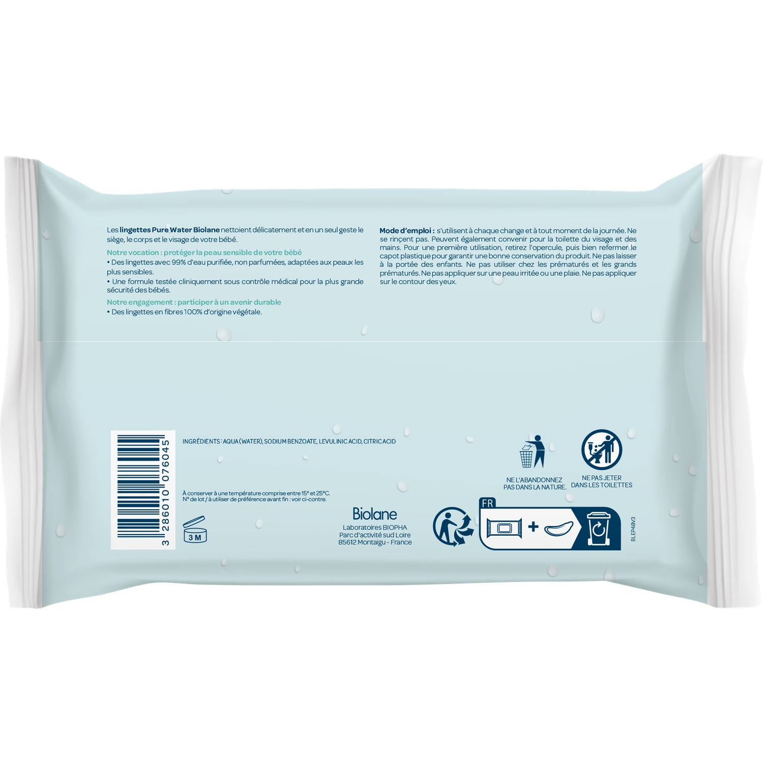 BIOLANE Lingettes nettoyantes pour le corps et le change de bébé, peaux sensibles, 99,9 % d'eau purifiée, 48 lingettes
