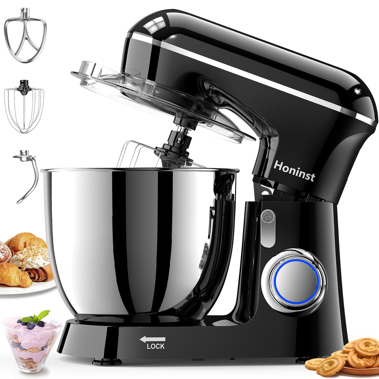HONINST Robot pâtissier électrique à tête inclinable 6,5 qt 10 vitesses, robot de cuisine 3 en 1 avec bol, crochet pétrisseur, fouet et batteur plat
