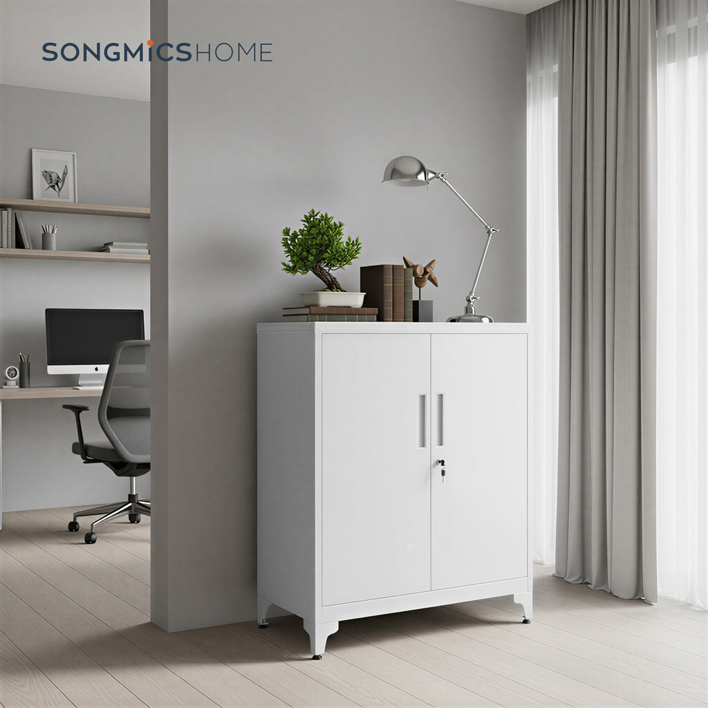 JOYFURNOS Armoire de rangement en acier blanc mat verrouillable, 80 x 40 x 90 cm, 2 portes, ?tagères profondes, Usage polyvalent - Idéale pour garage, bureau, étude ou salon