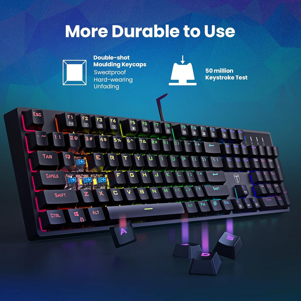Clavier de jeu mécanique filaire 100 % ET, disposition QWERTY US, clavier filaire USB à interrupteurs bleus, 20 modes d'éclairage RVB, clavier complet à 104 touches