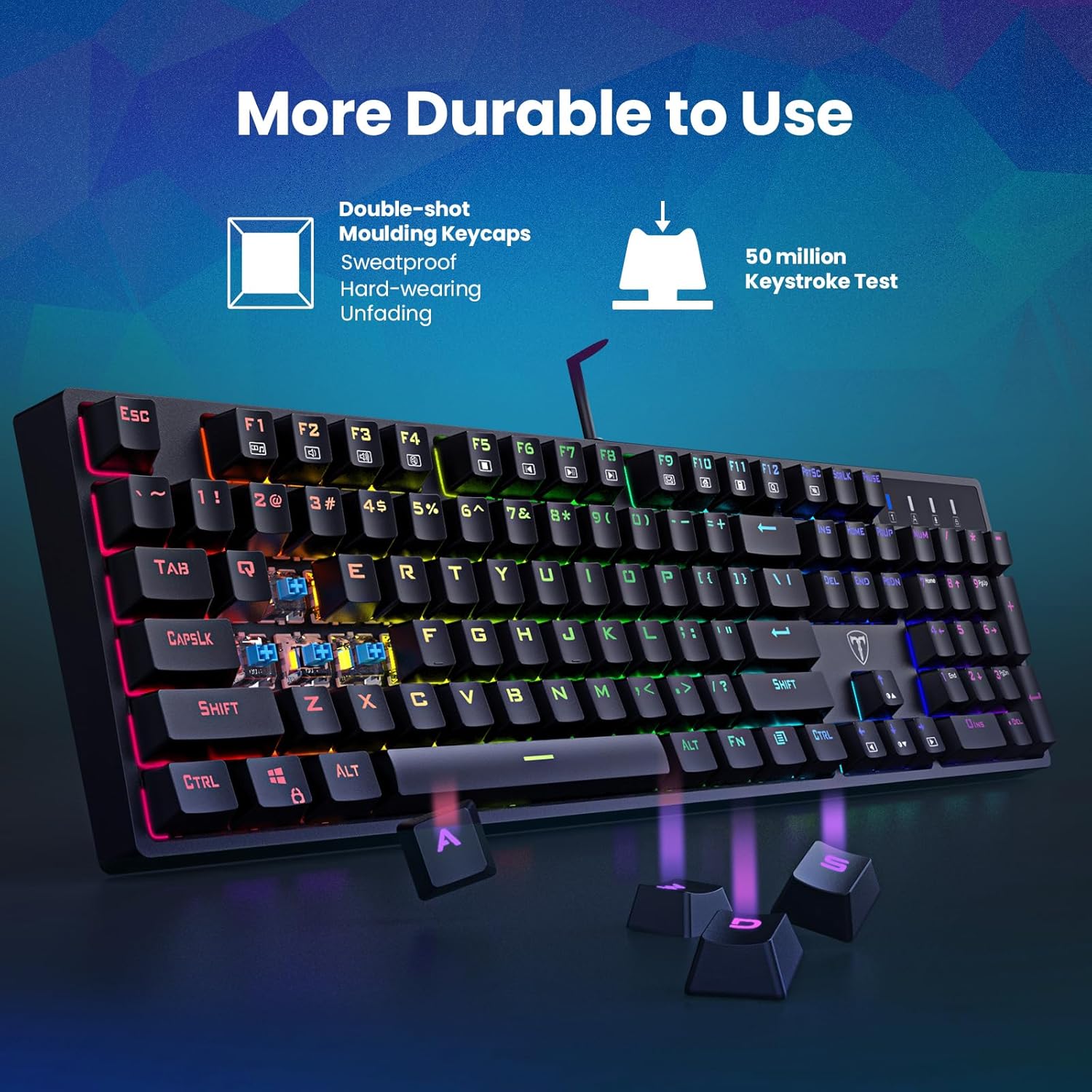 Clavier de jeu mécanique filaire 100 % ET, disposition QWERTY US, clavier filaire USB à interrupteurs bleus, 20 modes d'éclairage RVB, clavier complet à 104 touches