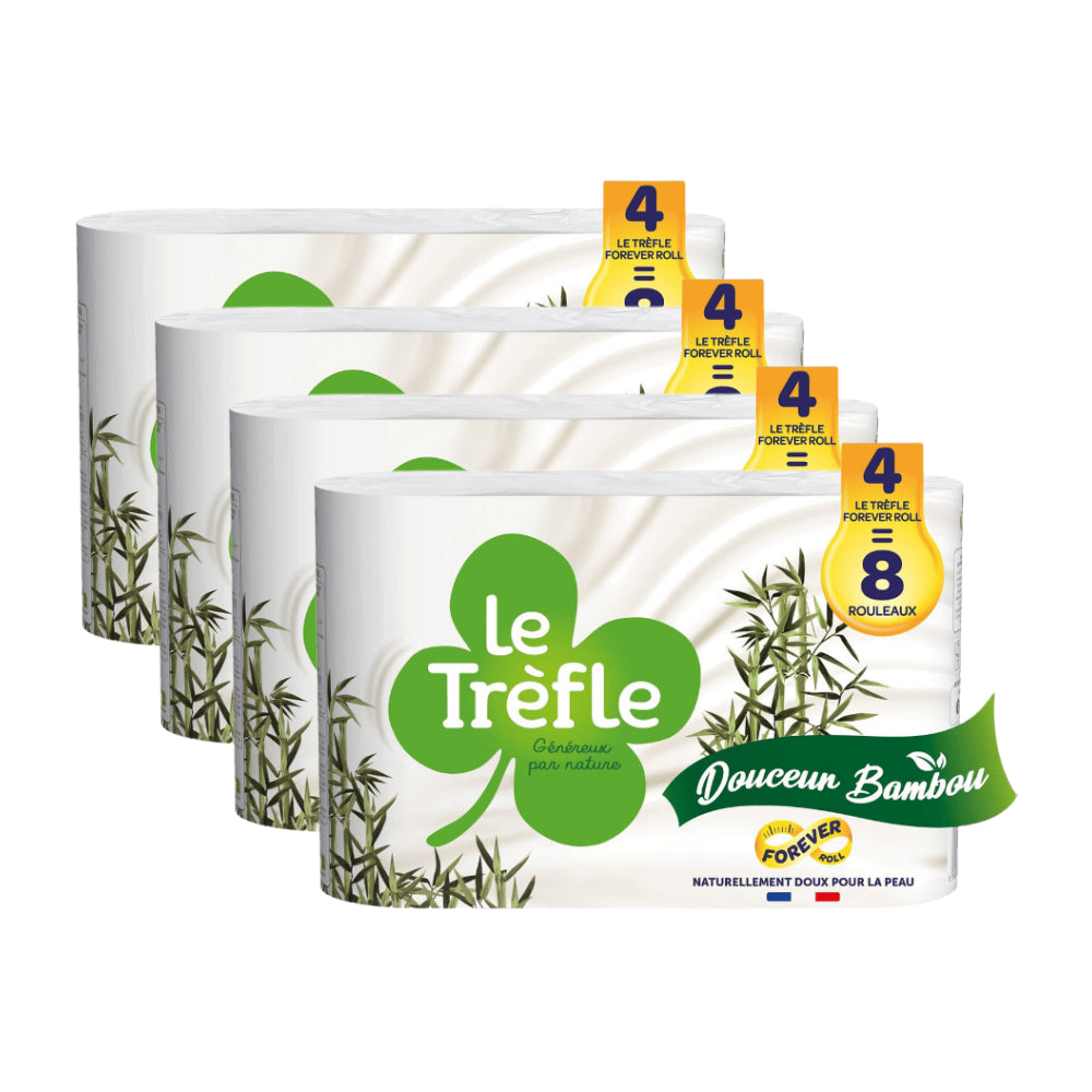 LE TRÈFLE Papier Toilette Mélange de Fibres de Bambou, 16 Rouleaux (Équivalent à 32 Rouleaux Standard) (4 Paquets de 4)