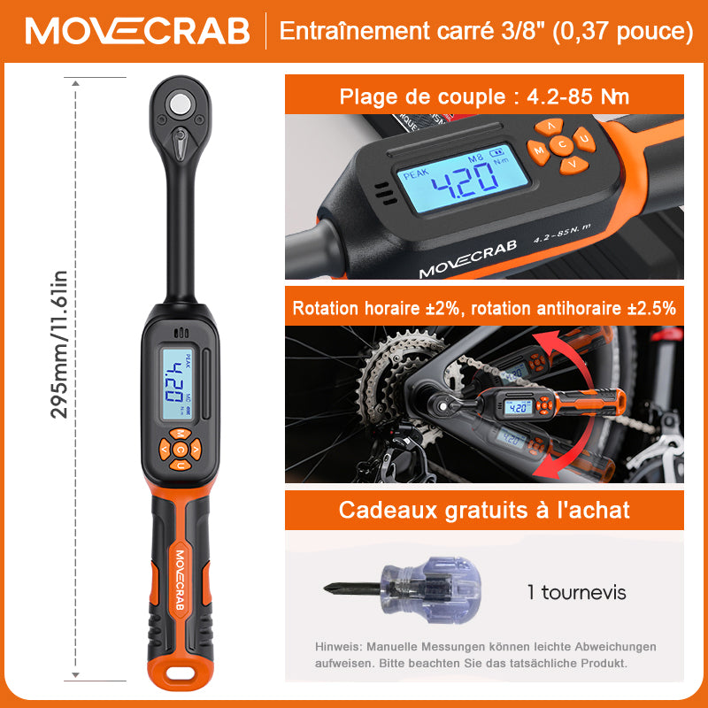 movecrab clé dynamométrique numérique professionnelle 3/8" 4.2-85N.m précision ±2% écran d’affichage LED prenant en charge Nm/in.lb/ft.lb/kgf.cm triple alarme