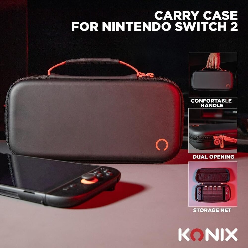Konix Housse de protection et transport Carry Bag console Nintendo Switch 2 - Filet rangement accessoires - 8 compartiments jeux - Noir
