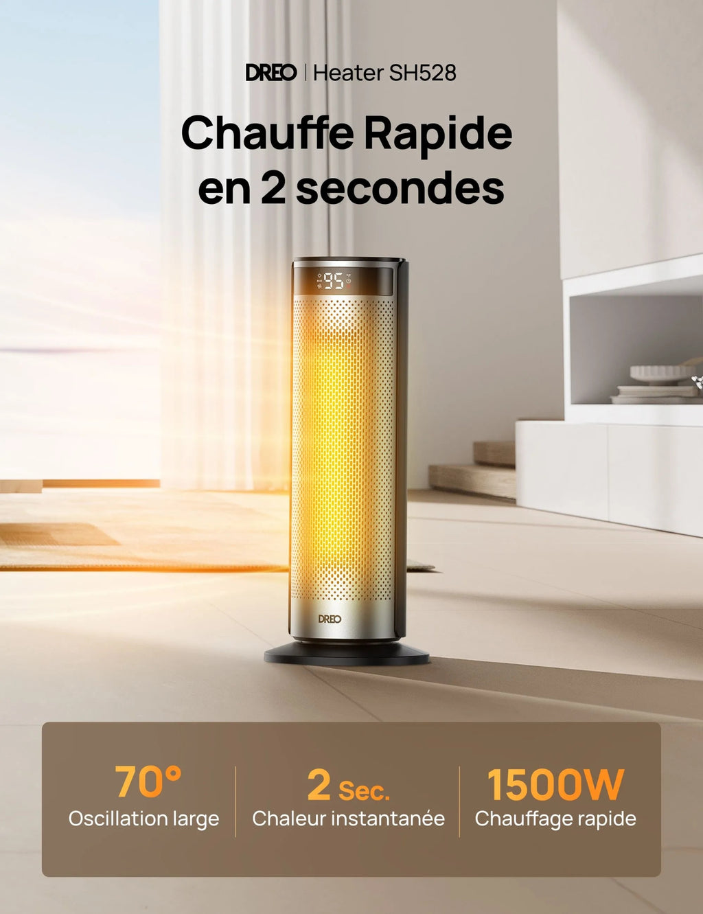 DREO radiateur soufflant économe en énergie 2000W, élément chauffant en céramique PTC, minuterie 12 heures, oscillation à 70°, télécommande, silencieux 34dB, 8 protections de sécurité, Solaris 628