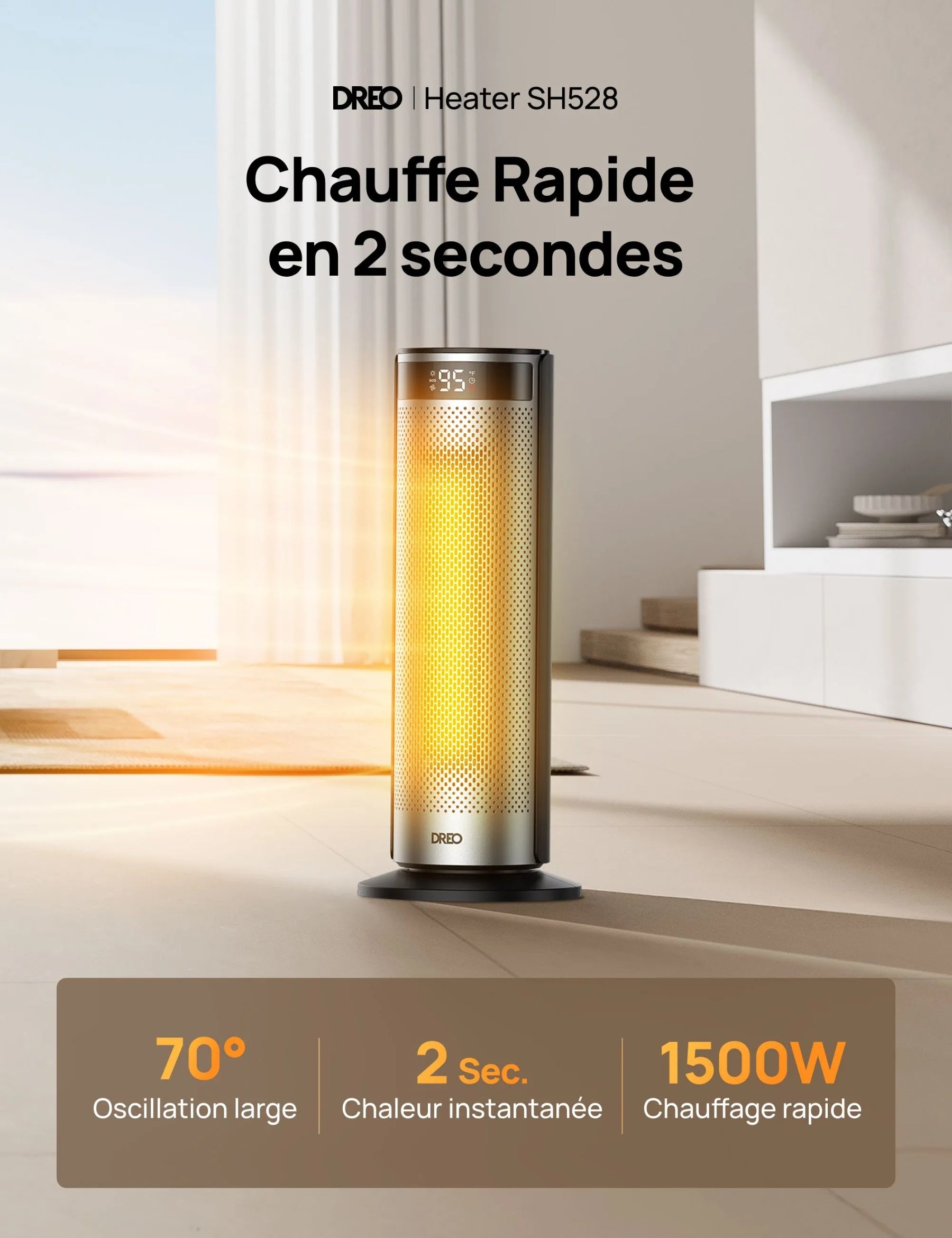 DREO radiateur soufflant économe en énergie 2000W, élément chauffant en céramique PTC, minuterie 12 heures, oscillation à 70°, télécommande, silencieux 34dB, 8 protections de sécurité, Solaris 628