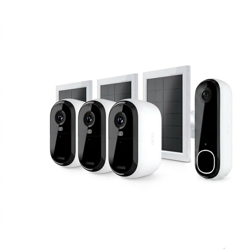 ARLO Pack Maison Protégée : Pack de 3 caméras Arlo Essential2 2K + 3 panneaux solaires + sonnette vidéo sans fil HD Arlo