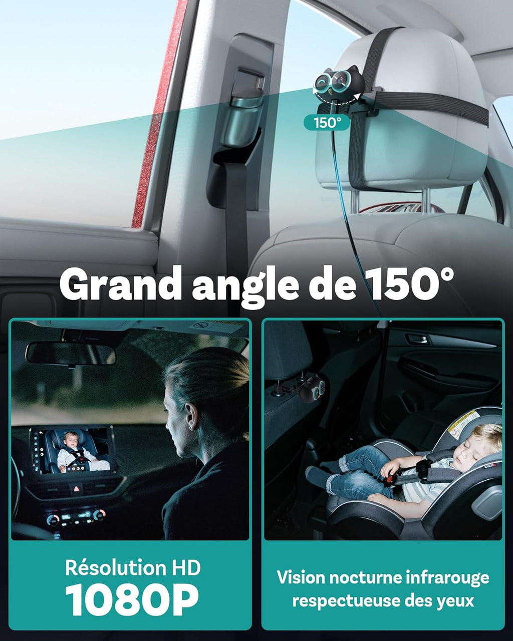 OTTOCAST Cabin Care Caméra voiture pour bébé, Écran partagé pour CarPlay sans fil et vue bébé, Vision nocturne sans lueur, Prêt à l’emploi, Grand angle 150°, 1080P