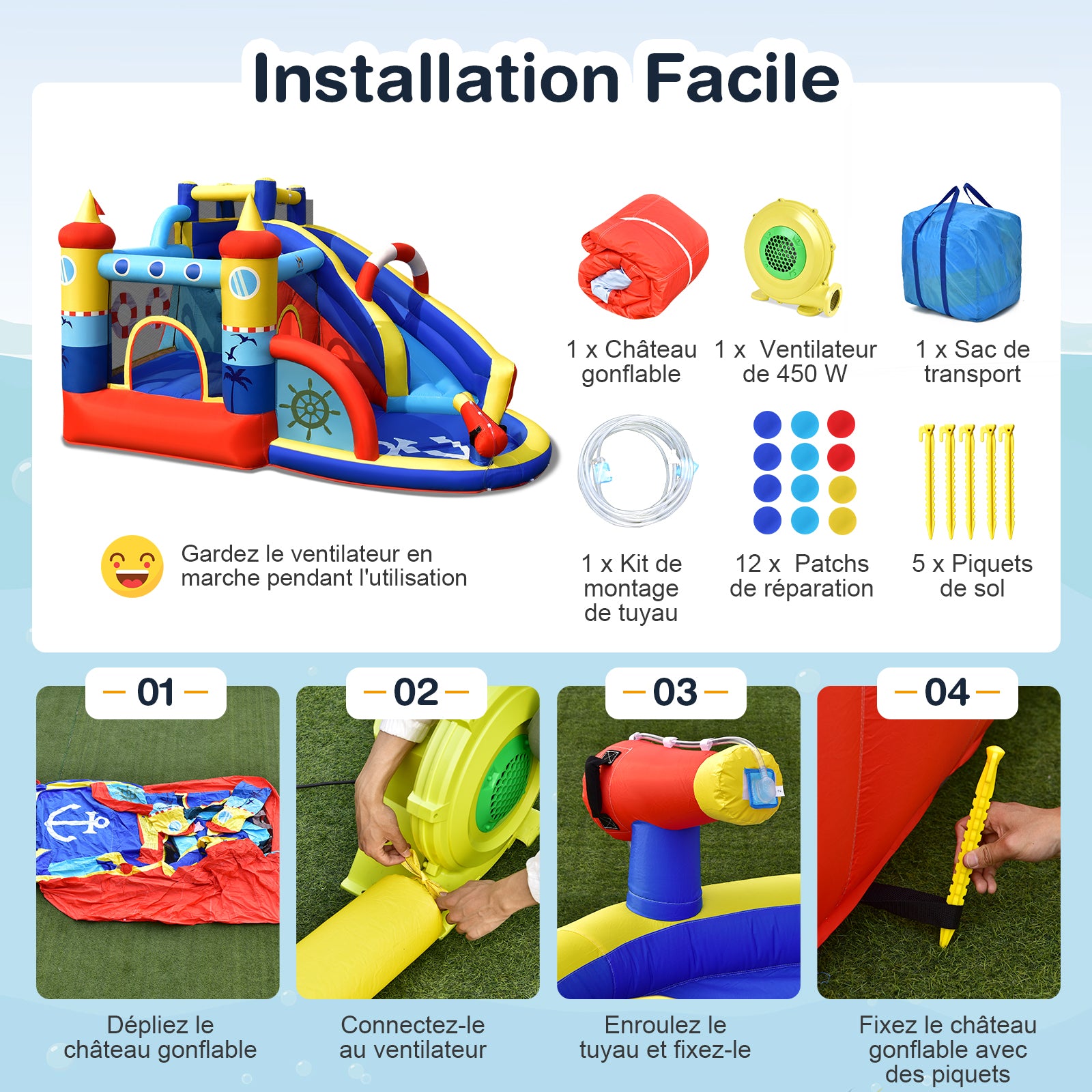 Costway Château gonflable avec souffleur 550 W, parc aquatique 6-en-1, comprend toboggan, piscine et canon à eau