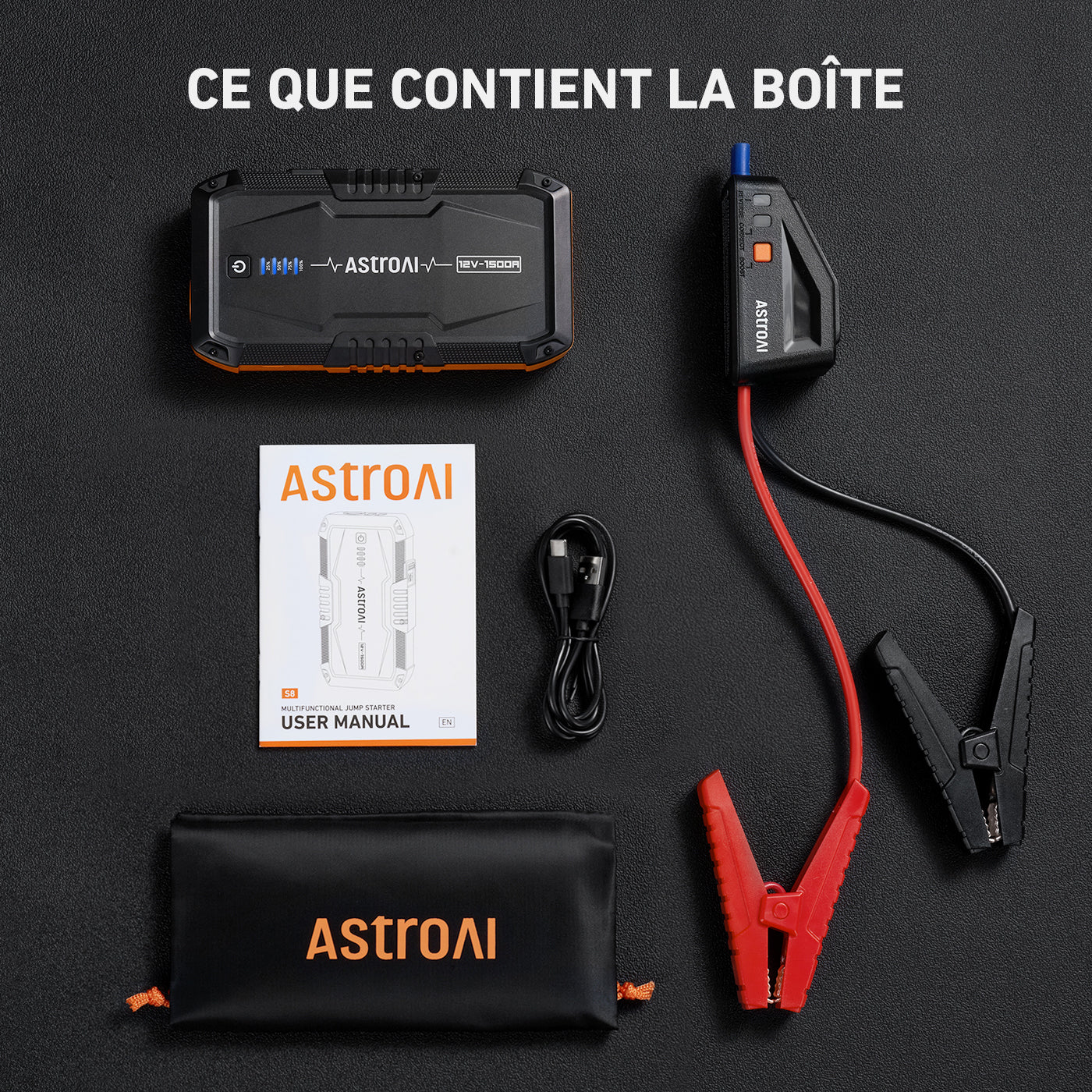 AstroAI S8 Batterie de démarrage pour voiture, booster de démarrage portable 12 V pour moteurs essence jusqu’à 6,0 L et diesel jusqu’à 3,0 L, lampe torche à 3 modes et câble de démarrage