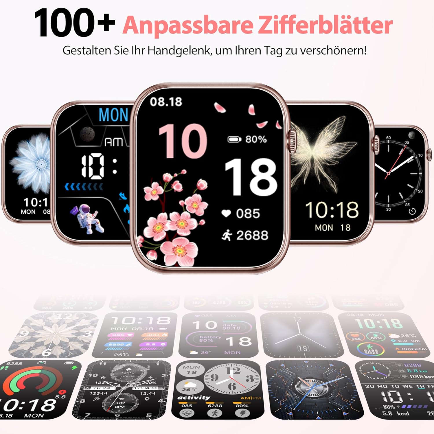 OUKITEL V3 Montre Connectée Rose-1,83" HD homme femme appel Bluetooth IP68 SpO2 cardio 100+ modes sportifs Android iOS