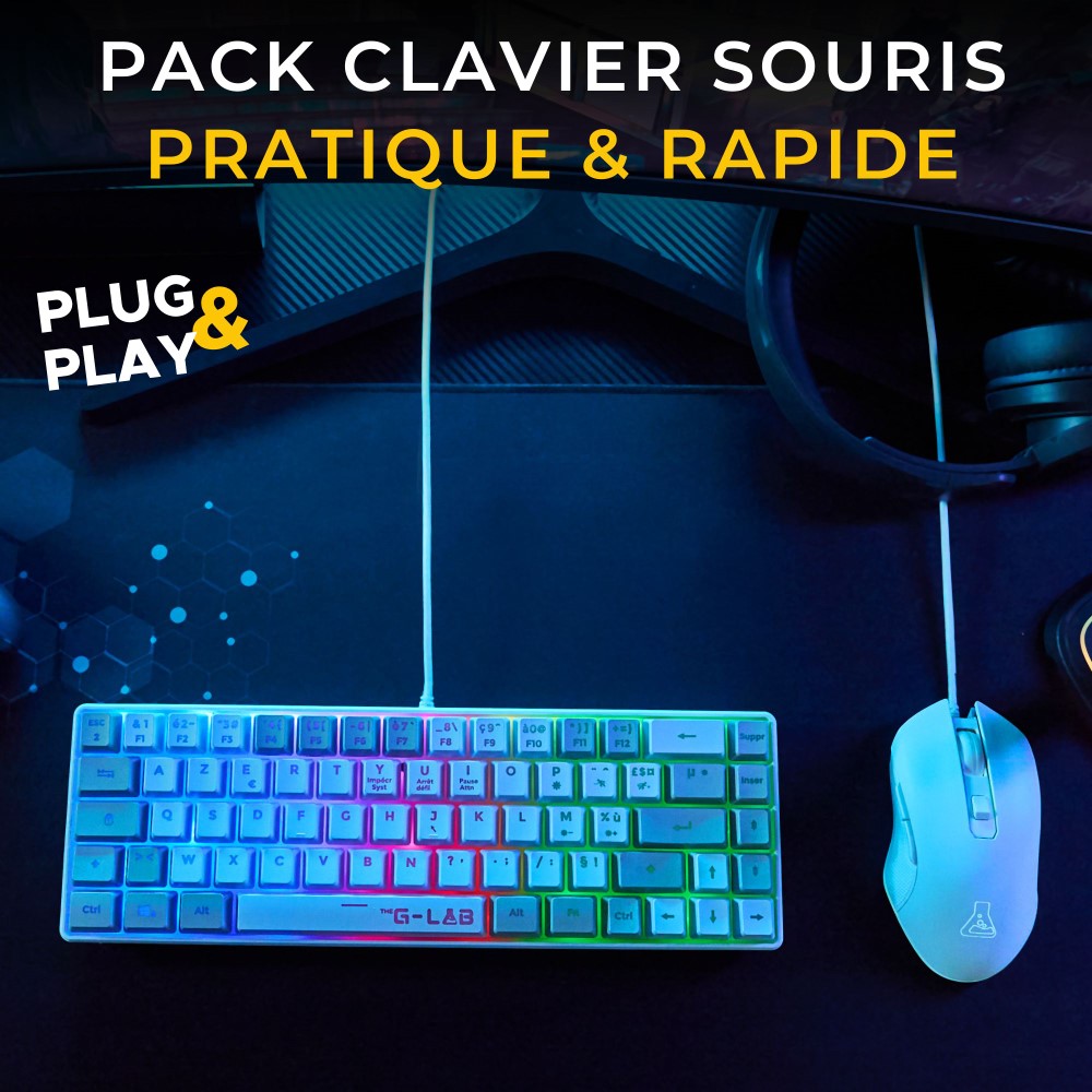 THE G-LAB Hydrogen Combo Set Clavier et Souris Gaming Filaire - AZERTY, 7200 DPI, 6 Boutons - Blanc/Gris