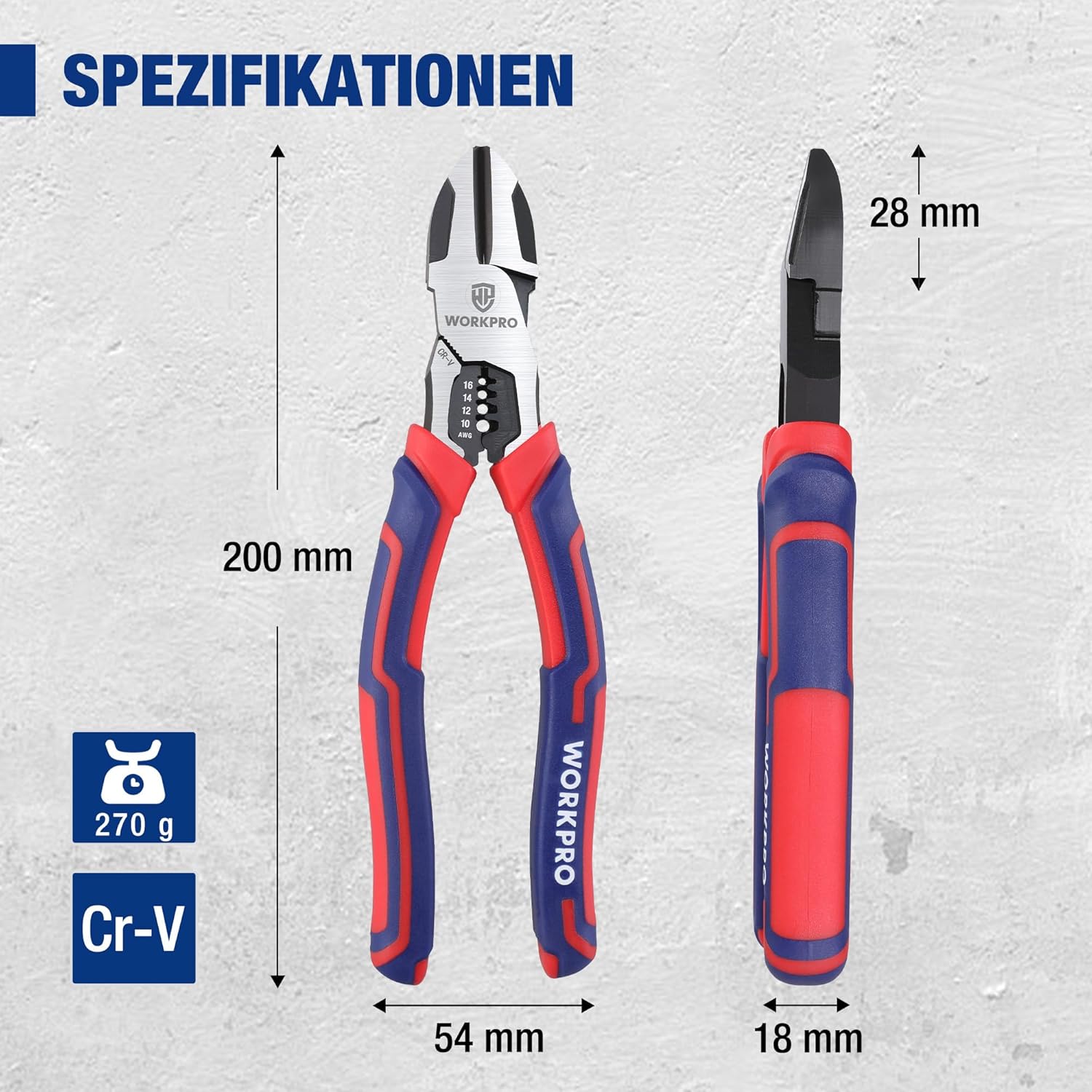 WORKPRO Pince multifonction 2-en-1 : Pince à dénuder et pince coupante latérale, 200 mm, Pour fils durs et souples