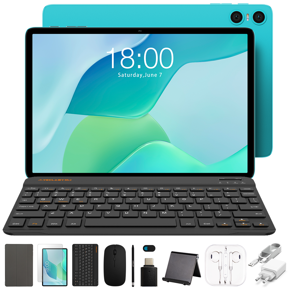 TECLAST P33 Tablette Android 15 Écran IPS 10,1 pouces RAM 9 Go Stockage 64 Go Ensemble 11 pièces Étui de protection et clavier