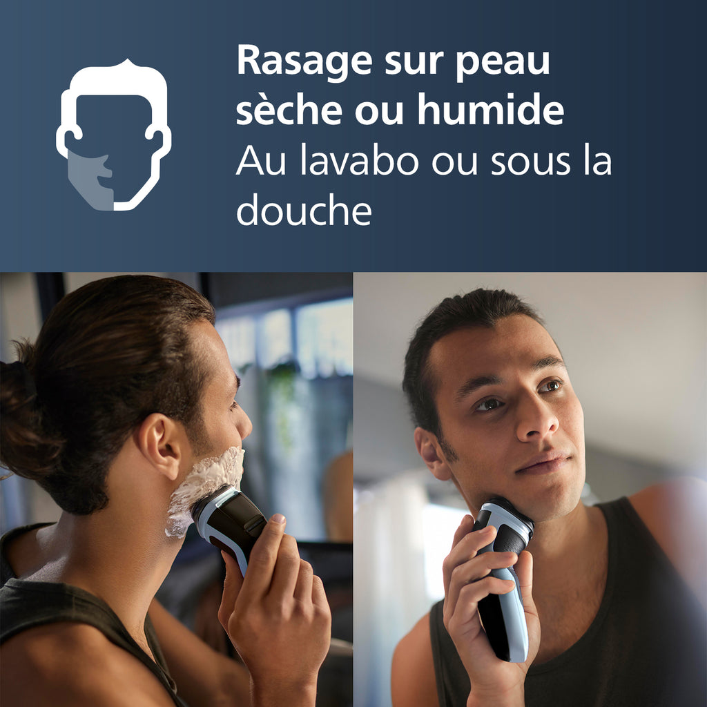 Philips Series 3000X X3003/00 Rasoir électrique avec 27 lames PowerCut, têtes flexibles 4D, rasage humide & sec, tondeuse rétractable, charge rapide - Bleu