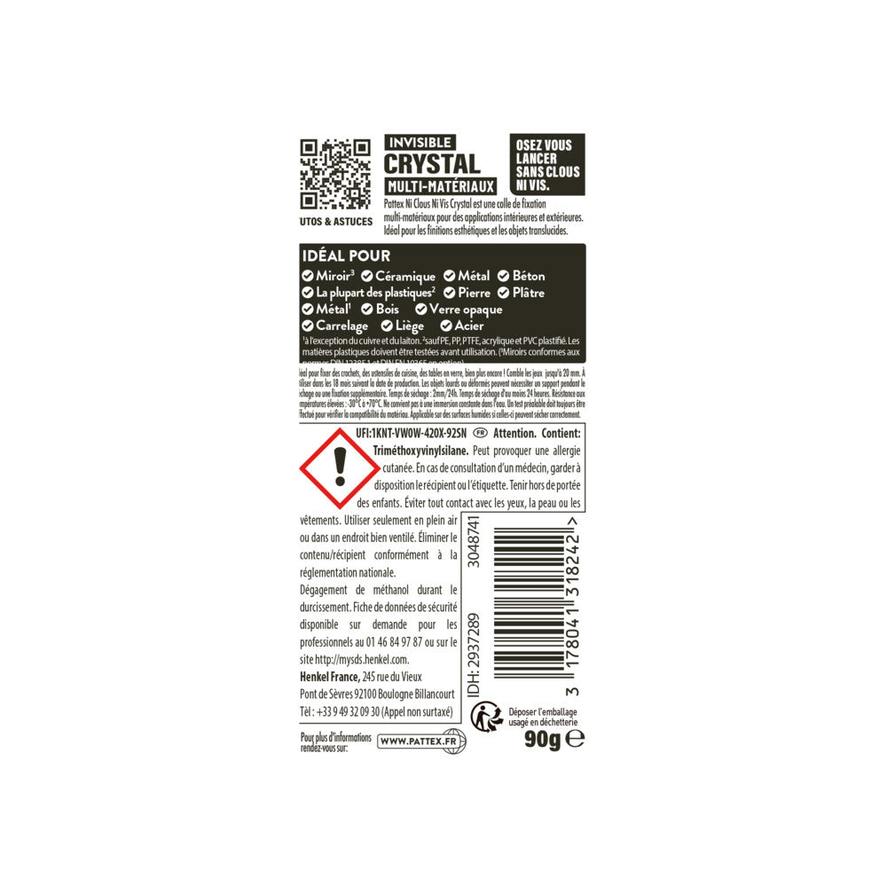 Pattex Ni Clou Ni Vis Fix Crystal (tube de 90g), colle de fixation de haute qualité, mastic transparent multi-supports, colle forte multi-usages