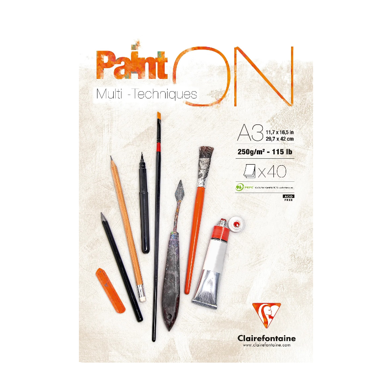 CLAIREFONTAINE Bloc Paint'ON collé A3 40 feuilles 250g blanc