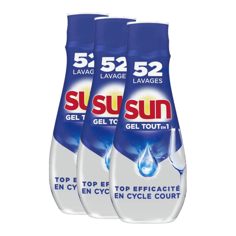 Sun Expert Plus Gel Lave-Vaisselle Tout-en-1, Anti-Calcaire et Dégraissant avec Fonctions d'Assainissement et de Sel, 3 x 900 ml (= 2,7 L)