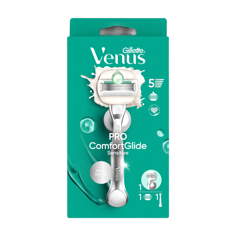 Gillette Venus Pro ComfortGlide rasoir pour femme, peaux sensibles, 1 manche + 1 cartouche de recharge, manche en métal réutilisable et porte-rasoir de douche